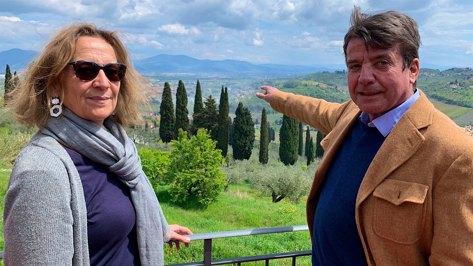 Beatrice and Filippo Contini Bonacossi overlooking the hilly Carmignano countryside